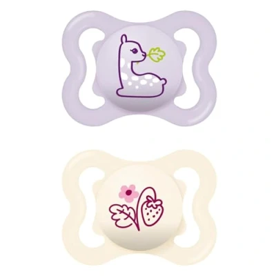 Abbildung von MAM Air Silikon Schnuller im 2er Set, extra leichtes und luftiges Schilddesign, zahnfreundlicher Baby aus speziellem SkinSoft mit Schnullerbox, 0 6 Monate, Lama/Erdbeere