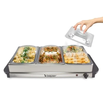 Abbildung von BEPER P101TEM002 Buffetwärmer, Speisenwärmer, 4 herausnehmbare Tabletts + Warmhalteplatte, Einstellbarer Thermostat und wärmeisolierende Griffe, ideal für Partys Veranstaltungen