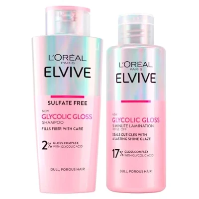 Abbildung von L&#039;Oréal Paris Elvive Glycolic Gloss Shampoo für Poröses und Stumpfes Haar 200ml + 5 Minuten Laminierkur Versiegelt die Nagelhaut Verleiht Intensiven Glanz Elvital Glykolglanz 2 Flaschen