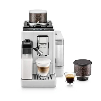 Abbildung von De&#039;Longhi Rivelia EXAM440.55.W Kaffeevollautomat mit LatteCrema Milchsystem, Wechselbarer Bohnenbehälter, 16 Kaffee &amp; Milchgetränke auf Knopfdruck, Extra Shot Funktion, 3,5&quot; Touch Display, Weiß