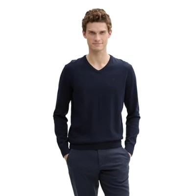 Abbildung von TOM TAILOR Herren 1012820 Basic Strickpullover Mit V Ausschnitt, 13160 Knitted Navy Melange, M EU