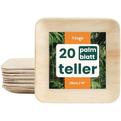 Abbildung von HAAGO Palmblatt Teller Biologisch abbaubare Einwegteller Umweltfreundliches Picknick und Outdoor Geschirr Mikrowellengeeignet, Bambus wie Einweg, Partyteller (20, 25cm / 10“ Quadrat)