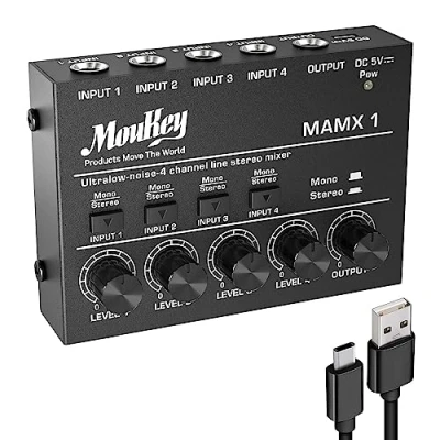 Abbildung von Moukey Kompaktes Studio Audio Stereo Mischpult, 4 Kanäle für Clubs, Bars, Bühnen, Gitarre, Bass, Keyboard, MAMX1