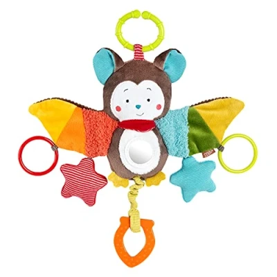Abbildung von Fehn Activity Spieltier Fledermaus Motorikspielzeug für Kinderwagen, Kinderbett und Babyschale zum Beißen, Greifen Geräusche erzeugen Beißring Spielzeug Babys Kinder ab 0+ Monaten