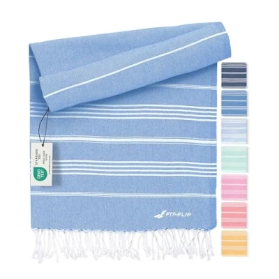 Abbildung von Fit Flip Hamamtuch aus 100% recycelter Baumwolle nachhaltig und natürlich Saunatuch, Strandtuch, Duschtuch, Badetuch, Yogatuch Blue 100x200cm Sultan
