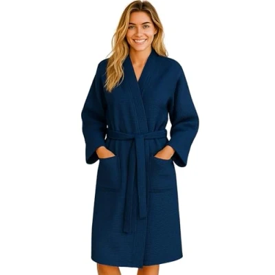 Abbildung von Morgenstern Bademantel Damen Waffeloptik Leicht Baumwolle Waffel Pique Größe M Marine Blau