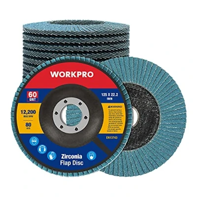 Abbildung von WORKPRO 10 Schleifscheiben mit Lamellen, 125 mm, Körnung 60, Schleifscheibe aus hochwertigem Aluminiumoxid, zum Entfernen von Entgraten, Rost, Polieren, Finish