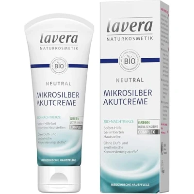 Abbildung von lavera Neutral Akutcreme mit Mikrosilber Bio Nachtkerze Sofortige Hilfe bei Hautirritationen Neurodermitis Medizinische Hautpflege vegan Pflanzenwirkstoffe Naturkosmetik Creme 75ml