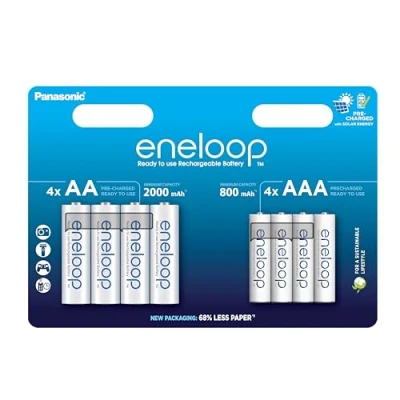 Abbildung von eneloop, AA/Mignon + AAA/Micro NI MH Akku, 8er Pack, Kapazität mit min. 2000 800 mAh, Ready to Use Akkus, bis zu Mal wiederaufladbar, plastikfreier Verpackung, Standard, weiß