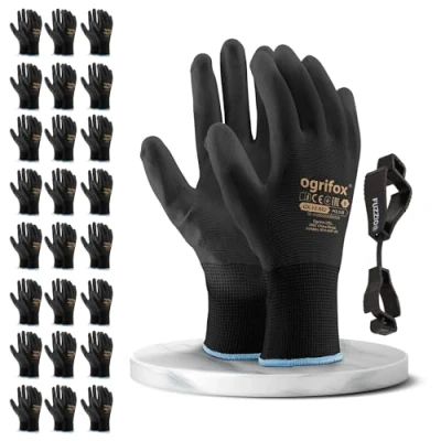 Abbildung von FUZZIO 24 Paar Arbeitshandschuhe Herren Gr 9, Mechaniker Handschuhe, Gartenhandschuhe Herren, Damen, Montagehandschuhe Polyurethan Beschichtung mit Handschuhclip
