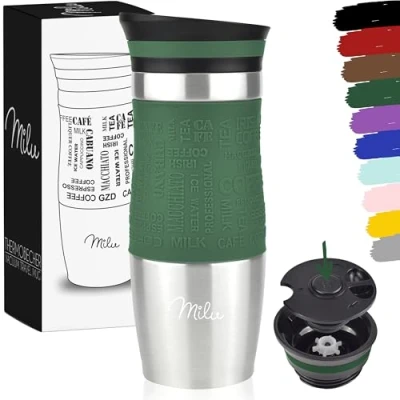 Abbildung von Milu Thermobecher 370ml 450ml Isolierbecher Kaffeebecher to go 100% Auslaufsicher Trinkbecher aus Edelstahl Autobecher doppelwand Isolierung Thermo Becher Travel Mug (Olivgrün, 370ml)