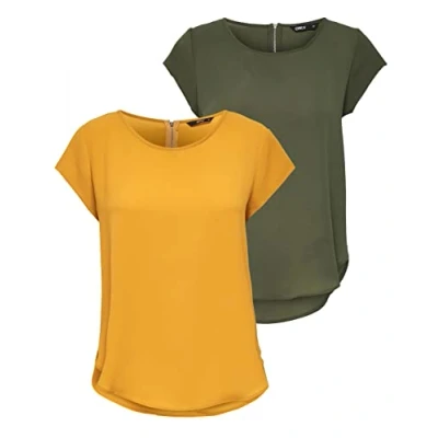 Abbildung von ONLY Damen ONLVIC S/S SOLID 2 Pack TOP, Golden Yellow/Kalamata, 40