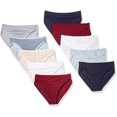Abbildung von Amazon Essentials Damen Slip aus Baumwolle mit hohem Beinschnitt (in Übergröße erhältlich), 10er Pack, Blumenaufdruck/Punkte/Thin Stripe, 42