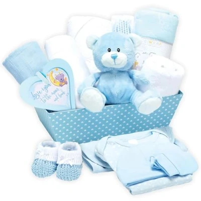 Abbildung von Baby Box Shop Babyparty Geschenk Junge 12 Geschenkset, Präsentkorb Geschenke für Neugeborene Jungs, Neugeborenen Junge, Boy Geschenk, Korb Blau