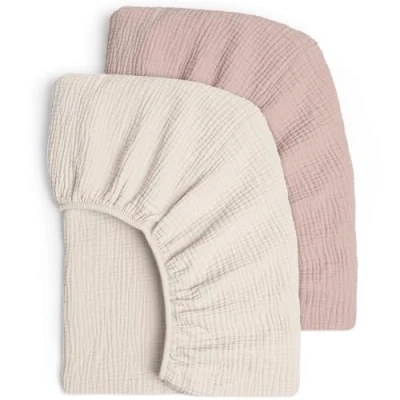 Abbildung von 2er Set Kinder Spannbettlaken, Musselin Baumwolle Spannbetttuch für Babybett und Kinderbett 60x120cm / 70x140cm Reisebett Spannlaken Beistellbett Leintücher (Creme Sand)