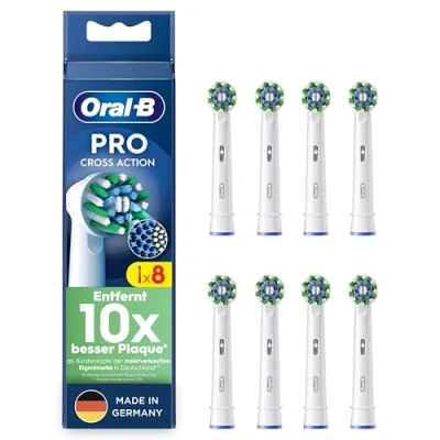 Abbildung von Oral B Pro CrossAction Aufsteckbürsten für elektrische Zahnbürste, 8 Stück, überlegene Zahnreinigung mit innovativen X förmigen Borsten, Original Zahnbürstenaufsatz, Made in Germany