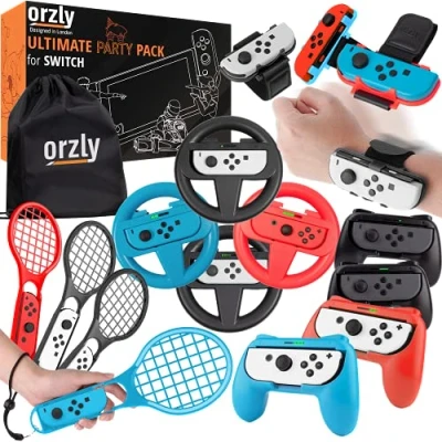 Abbildung von Orzly Party Zubehör Set für Nintendo Switch Konsole mit Controller Griffen und Renn Lenkrädern, Handgelenk Tanzbändern, Tennisschlägern (enthält 16 Partyaufsätze Tragetasche)