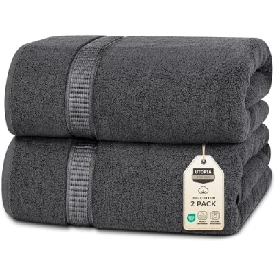Abbildung von Utopia Towels 2er Badetücher Groß aus Baumwolle mit Aufhänger, Saunatücher,Badehandtücher Groß, Handtücher 90 x 180 cm (Grau)