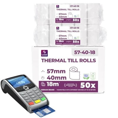 Abbildung von Ec Cash Thermorollen 57mm x 18m 12mm Kassenrollen Thermopapier Bonrollen für Bankomat Kredit Kartenlesegeräte (57x40x12) (50 Rollen)