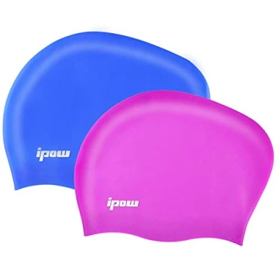 Abbildung von Ipow 2 Stück Silikon Badekappe Bademütze Badehaube für Mädchen Kinder Herren Damen mit Lange Haare gesund und warm Swim Cap (Purple + Blau)