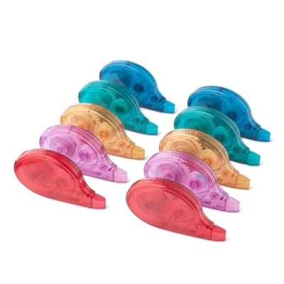 Abbildung von Amazon Basics Korrekturband mit Abroller, 10er Pack, einfach zu verwenden, 12 m, grün, orange, violett, rot, blau