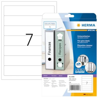 Abbildung von HERMA 5090 Ordnerrücken Etiketten kurz schmal, 25 Blatt, 192 x 38 mm, 7 pro A4 Bogen, 175 Stück, selbstklebend, bedruckbar, blickdicht, blanko Papier Ordneretiketten Rückenschilder Aufkleber, weiß