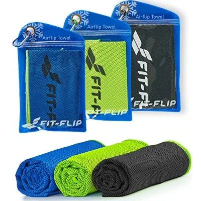 Abbildung von Fit Flip Kühlhandtuch 3er Set Cooling Towel und mikrofaser Kühltuch kühlendes Handtuch Airflip für Fitness Sport Ice (schwarz grün/grün/dunkel blau grün, 100x30cm)