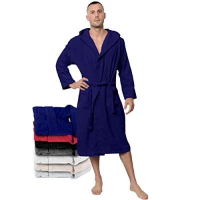 Abbildung von Twinzen Bademantel Herren XXXL DarkBlau 100% Baumwolle (350g/m²) OEKO TEX® Zertifiziert mit Kapuze, 2 Taschen, Gürtel