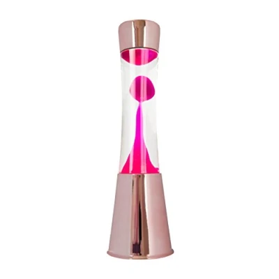 Abbildung von FISURA Lavalampe rosa. Roségoldfarbener Chromsockel, transparente Flüssigkeit und rosa Lava. mit Ersatzbirne. Maße: 11 x 39,5 Zentimeter.