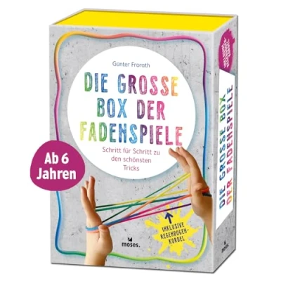 Abbildung von moses. die große Box der Fadenspiele, 18 Fadenspiel Tricks auf Klappkarten inkl Regenbogen Kordel, Fingerspiel für Pause, den Schulhof oder Garten