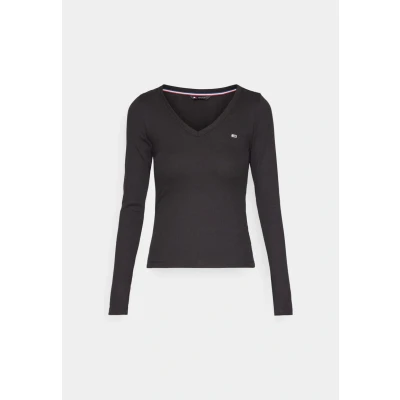 Abbildung von Tommy Jeans TJW SLIM Essential RIB V LS Langarmshirt, Damen, Größe: 34, Black