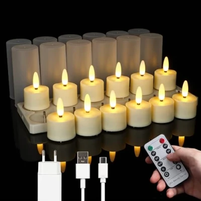 Abbildung von FREEPOWER 12er LED Teelichter Aufladbar USB mit Ladestation Tassen, Elektrische Wiederaufladbare Kerzen Fernbedienung Timer Flackern Warmweiß Dimmbar, Inklusive Adapter, Ø4 x 5.5cm