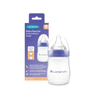 Abbildung von Lansinoh Babyflasche mit NaturalWave Sauger Gr. S, 160 ml neues kompaktes Design für verbesserte Stabilität stapelbarem Deckel