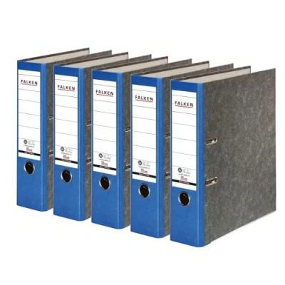 Abbildung von Original Falken 5er Pack Recycling Ordner Wolkenmarmor. Made in Germany. 8 cm breit DIN A4 Blauer Rücken Ringordner Aktenordner Briefordner Büroordner Pappordner CO2 Neutral Engel