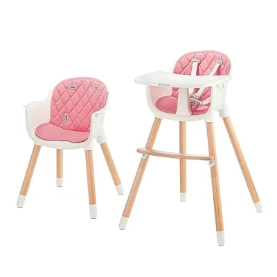 Abbildung von Kinderkraft Hochstuhl SIENNA 2 in 1, Kinderhochstuhl, Babystuhl, Kombihochstuhl, Beine aus Holz, 5 Punkt Gurt, Fußstütze, abnehmbare Tablett, Rutschfeste Stuhlbeinkappen, ab 6 Monate bis 4 Jahre, Rosa