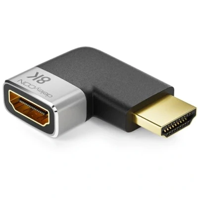 Abbildung von deleyCON HDMI Adapter Kupplung Verbinder 8K@60Hz / 4K@120Hz UHD 7680x4320 Aluminium 2.1 ARC HDR10+ Dolby Vision VRR ALLM 48Gbps Links Gewinkelt Grau Schwarz