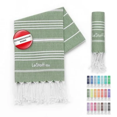 Abbildung von LeStoff Premium Hamamtuch 100% Bio Baumwolle Vorgewaschen, Nachhaltig, Saugstark &amp; Schnelltrocknend Strand, Bade, Dusch, Yoga, Spa Reise Tuch (50 x 100 cm, Olive)