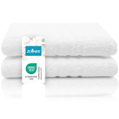 Abbildung von ZOLLNER 2er Set Badehandtücher in 100x150 cm Flauschige Badetücher aus Baumwolle mit moderner Streifenbordüre waschbar bis 95C praktischem Aufhänger weiß Hotelqualität