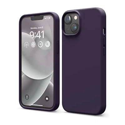 Abbildung von elago Schutzhülle für iPhone 14, Flüssigsilikon, Ganzkörper Schutzhülle, stoßfest, schlanke Handyhülle, kratzfestes, weiches Mikrofaserfutter, 15,5 cm (6,1 Zoll), Dunkelviolett