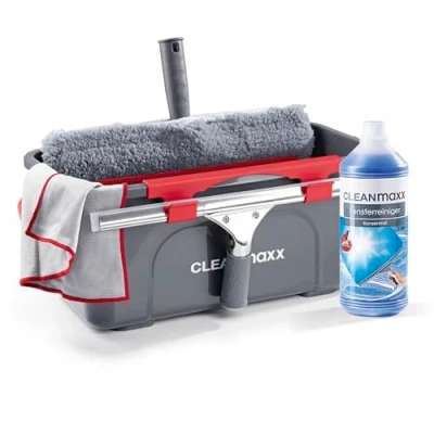 Abbildung von CLEANmaxx Fensterreiniger 7er Set Einfaches &amp; effektives Putzen Fensterputzer Komplett mit Eimer, Abzieher, Wischer, Mikrofasertuch Konzentrat Ideal geeignet für Haus, Auto Camper [Grau]