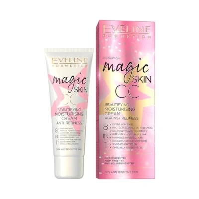 Abbildung von Eveline Cosmetics Magic Skin CC Feuchtigkeitscreme gegen Rötungen 8 in 1 mit Hyaluronsäure und Vitamin E, 50ml