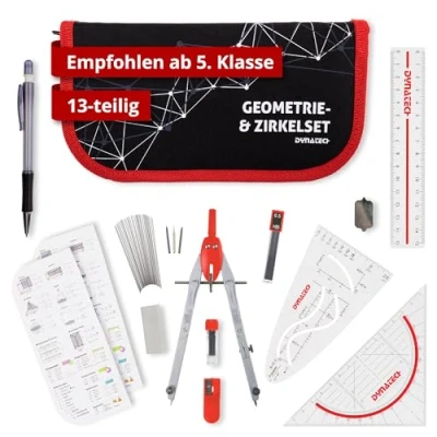 Abbildung von DynaTech Zirkel Set Geometrieset 13 Teilig mit Schnellverstellzirkel, Geodreieck, Parabel, Bleistift, Lineal, Spitzer und Ersatzminen im Etui rot praktisches Mathematik inkl. Federmappe
