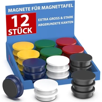 Abbildung von REORDA® Magnete für Magnettafel stark 12x Starke Whiteboard, Pinnwand, als Kühlschrank &amp; Tafelmagnete haftend, rund Bunt