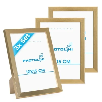 Abbildung von PHOTOLINI Bilderrahmen 10x15 cm Gold MDF Holz, 3er Set Posterrahmen, bruchsicheres Acrylglas, zum Aufhängen &amp; Aufstellen, extra Zubehör für Fotos, Bilder Poster