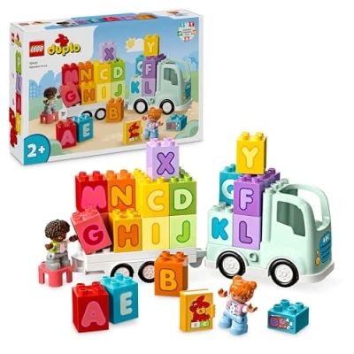 Abbildung von LEGO DUPLO Town ABC Lastwagen, Lernspielzeug für Kleinkinder ab 2 Jahren, LKW Spielzeug mit Anhänger und Buchstaben Steinen, plus Figuren eines Jungen Mädchens, Geschenk Kinder 10421