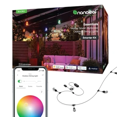Abbildung von Nanoleaf Essentials Matter, LED Lichterkette Außen 30M Starter Kit (RGBICW) Smarte und Mehrfarbige mit 16 Mio. Farben, IP65 Wasserdicht, 40 Dimmbaren Glühbirnen, WLAN, Bluetooth Matter fähig