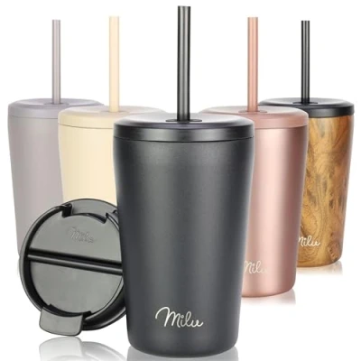 Abbildung von Milu Thermobecher 300ml, 400ml, 500ml 100% Auslaufsicher Edelstahl Kaffeebecher to go isoliert mit Strohhalm hält 10h heiß / 20h kalt, BPA frei (Schwarz, 400ml)