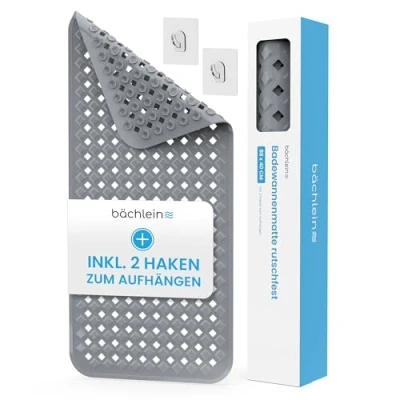 Abbildung von Bächlein PVC Badewannenmatte Grau Antirutsch Einlage 88x40 cm mit Haken zum Aufhängen, Hygienisch &amp; Schimmelresistent, BPA Latexfrei, Maschinenwaschbar