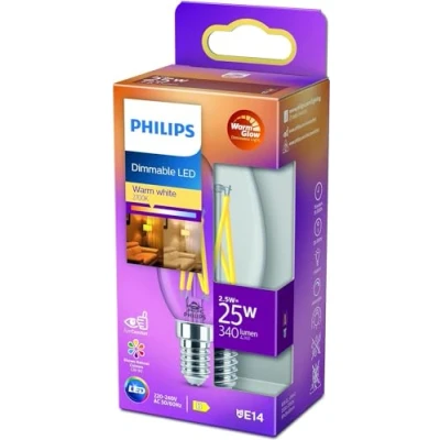 Abbildung von Philips LED Classic E14 Filament Lampe Warm Glow (25 W), dimmbare mit warmweißem Licht, energiesparende langer Nutzlebensdauer, Klar