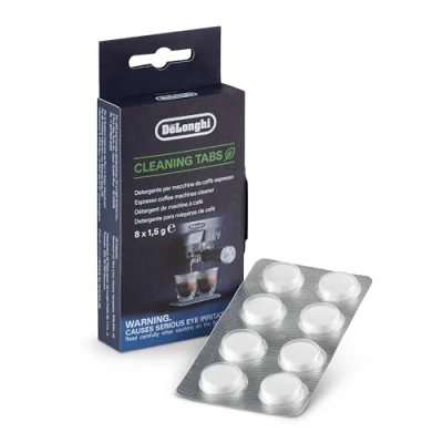 Abbildung von De&#039;Longhi Cleaning Tabs Reinigungstabletten für Siebträgermaschinen DLSC552 (8 Stück) Entfernung von Kaffeeölen und rückständen, korrosionsfreie Formel, optimale Leistung, White
